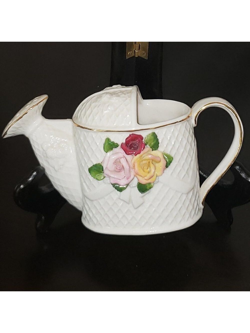 Vintage Small White Ceramic Watering Can w/Decorative Flowers